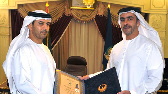 Lt General His Highness Sheikh Saif Bin Zayed Al Nahyan awards Al Katbi the Community Service Medal